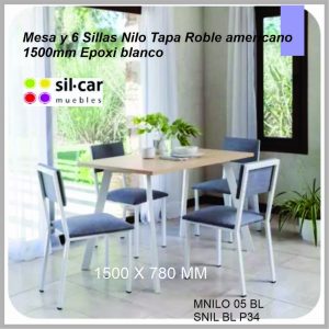 Mesa + 6 sillas SILCAR Nilo tapa roble americano MNILO/SNIL blanco