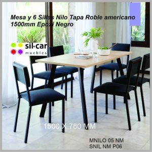 Mesa + 6 sillas SILCAR Nilo tapa roble americano MNILO/SNIL negro